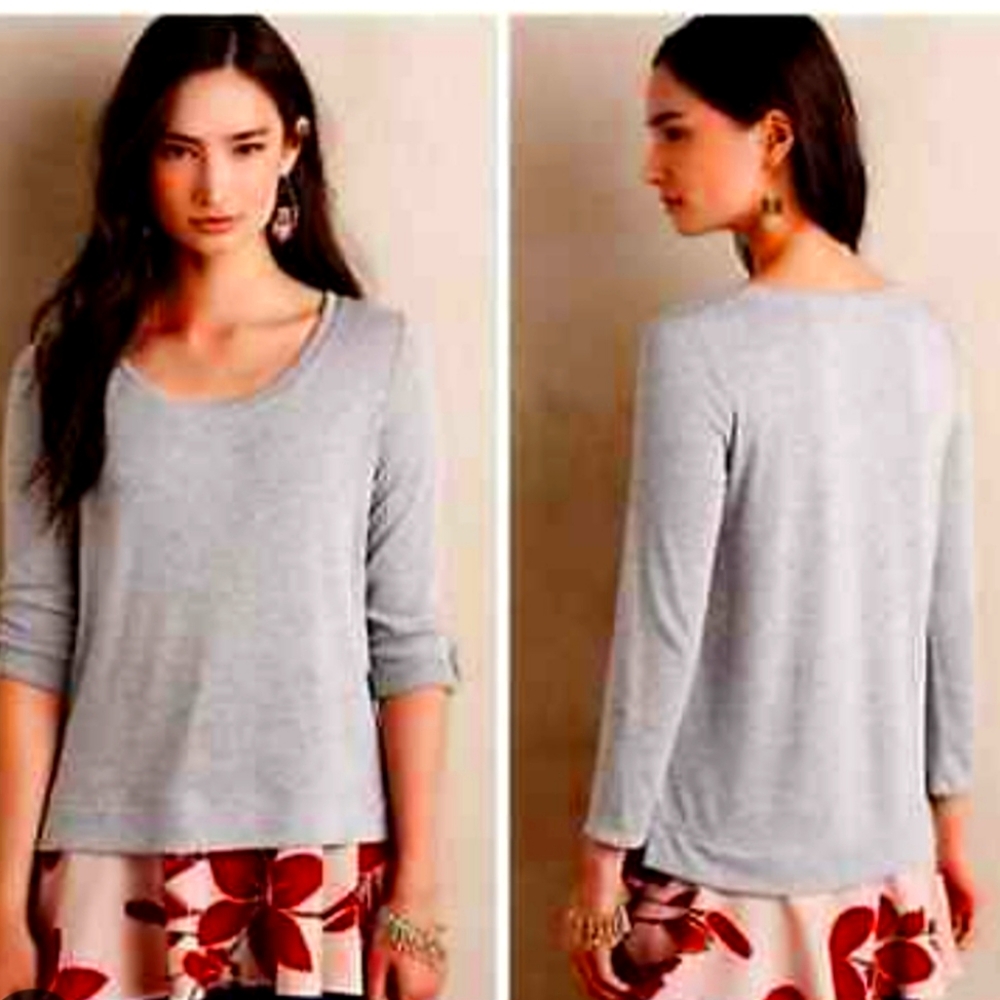 Anthropologie Little Yellow Button Gray Twofer Sweatshirt